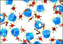 A porous polymer containing cyclodextrins (blue cups) binds organic pollutants from water.